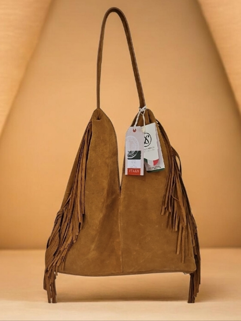 NWT Divina Firenza Caramel ‎ Italian Suede Fringe Shoulder Bag Made In Italy